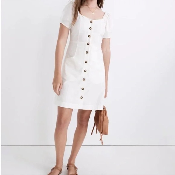 Madewell Dresses & Skirts - NWT Madewell Linen Cotton Puff Sleeve Mini Dress in Lighthouse Size 4